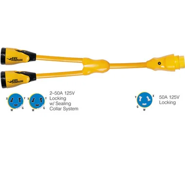 Adaptateur en Y Marinco Y504-2-504 EEL (2) 50 A-125/250 V femelle vers (1) 50 A-125/250 V mâle – Jaune