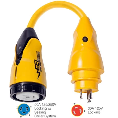 Adaptateur Marinco P30-504 EEL femelle 50A-125/250V vers mâle 30A-125V – Jaune