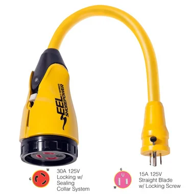 Adaptateur queue de cochon Marinco P15-30 EEL 30A-125V femelle vers 15A-125V mâle – Jaune