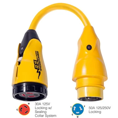 Adaptateur queue de cochon Marinco P504-30 EEL 30A-125V femelle vers 50A-125/250V mâle – Jaune