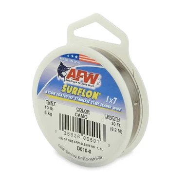 AFW – Fil de pêche en acier inoxydable 1×7 recouvert de nylon Surflon – Camo – 30 pieds