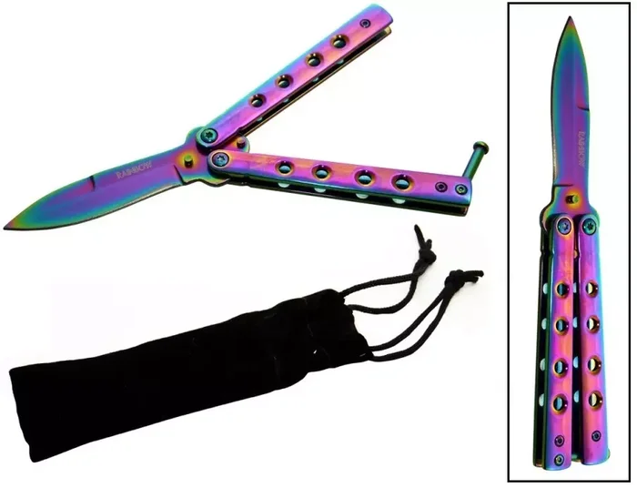 Balisong couteau papillon rainbow 16cm – pochette incluse