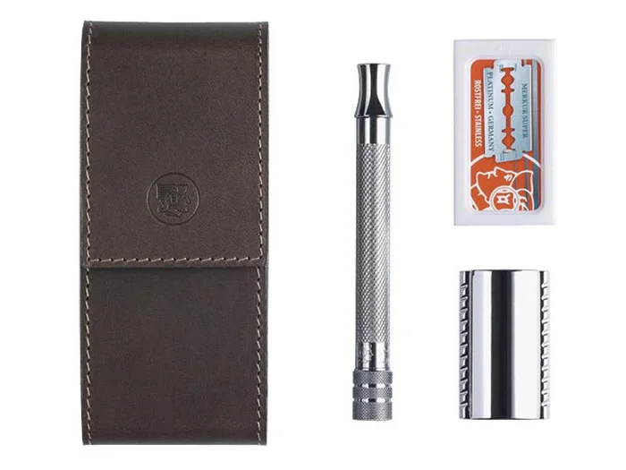 BEL578.051 RASOIR DE VOYAGE MERKUR TROUSSE CUIR MARRON