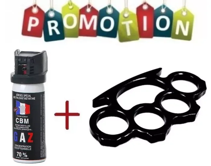 Bombe lacrymogène 50ml GAZ + Poing américain impact rue