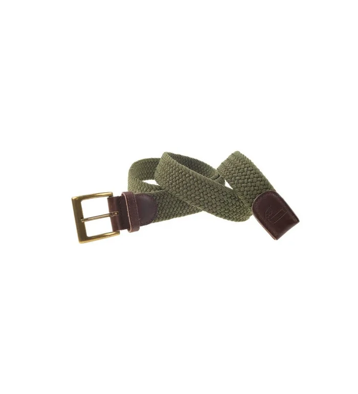 Ceinture tresse élastique verte januel, boucle bronze, 90×3,5cm