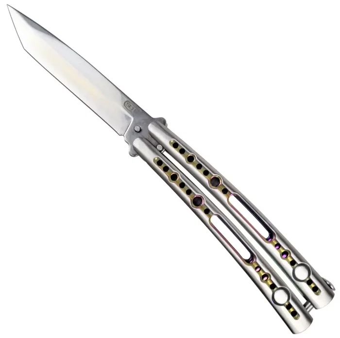 Couteau papillon balisong 23,5cm métal reflet rainbow