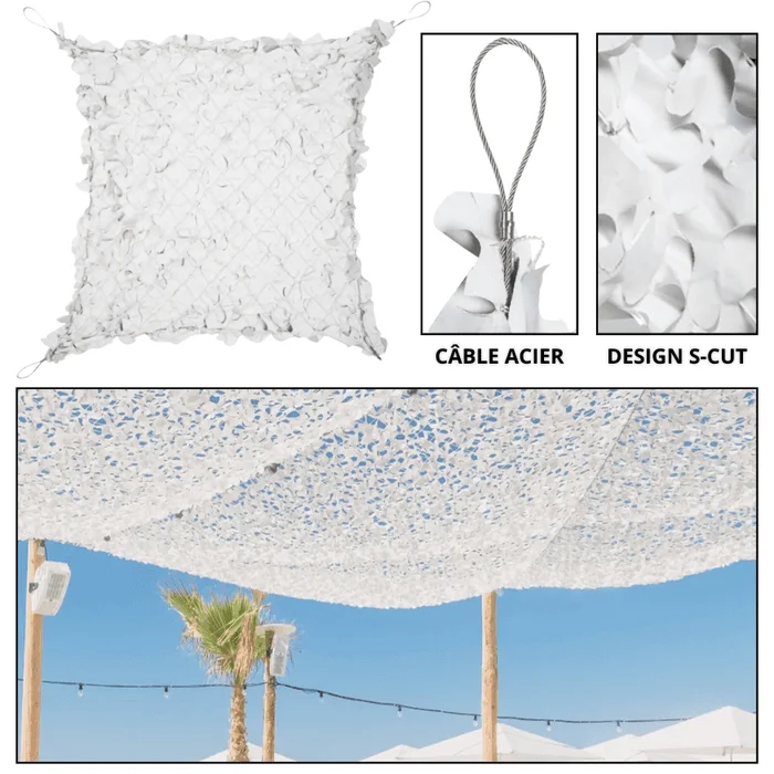 Filet de Camouflage / Voile d’ombrage Blanc – Renforcé Câble Acier – CamoShadow®