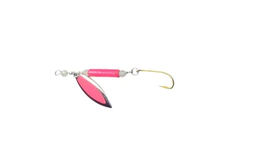 Leurre Fishslayer Tackle 1/2oz Clatter Jig / Spinner Pretty Keek — Corps rose brillant, perles blanches brillantes et spinner rose brillant