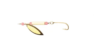 Leurre Fishslayer Tackle 3/8oz Clatter Jig / Spinners Blazing Glow — Corps blanc brillant avec perles roses brillantes et un Spinner blanc brillant