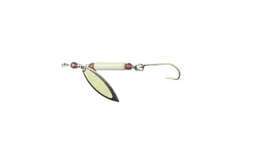 Leurre Fishslayer Tackle 3/8oz Clatter Jig / Spinners Masonary — Corps blanc brillant avec perles UV rouges et spinner blanc brillant