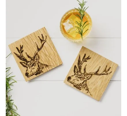 Lot 2 sous-verres en bois gravure cerf – Image 2