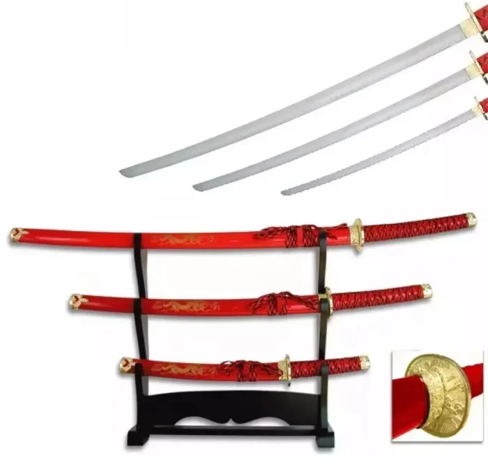 Lot 3 katanas dragon + socle déco – katana rouge