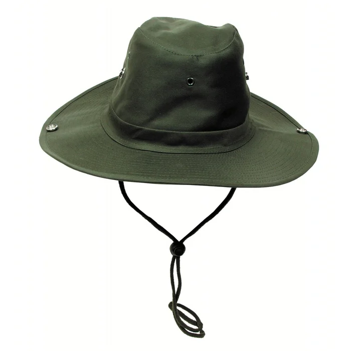 MFH10703BM Chapeau de brousse, vert, mentonnière, bord pliable taille M