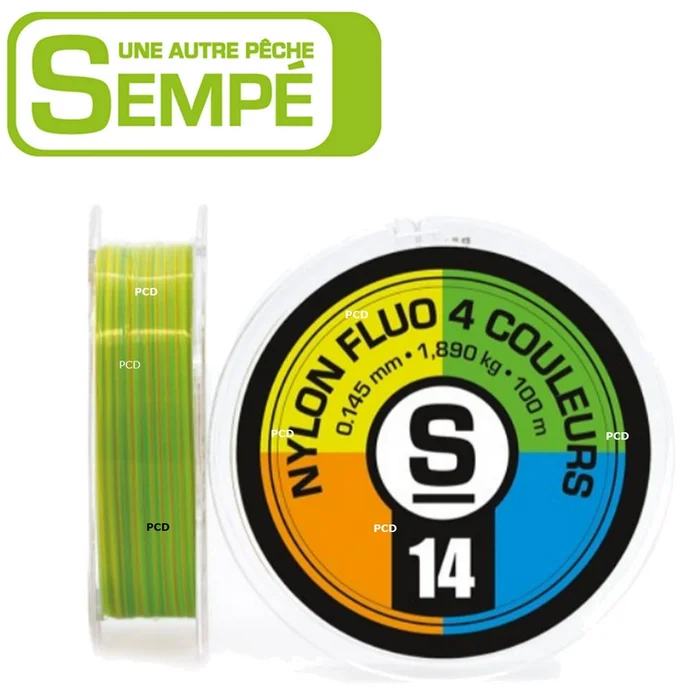 NYLON PIERRE SEMPE FLUO 4 COULEURS 100M JAUNE, VERT, BLEU ET ORANGE