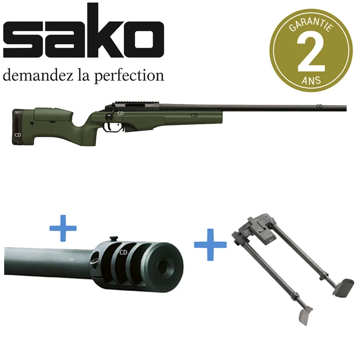 Pack Complet Carabine Sako TRG 22 Verte Crosse Fixe 308 Win Canon De 66cm + Frein De Bouche + Bipied M08