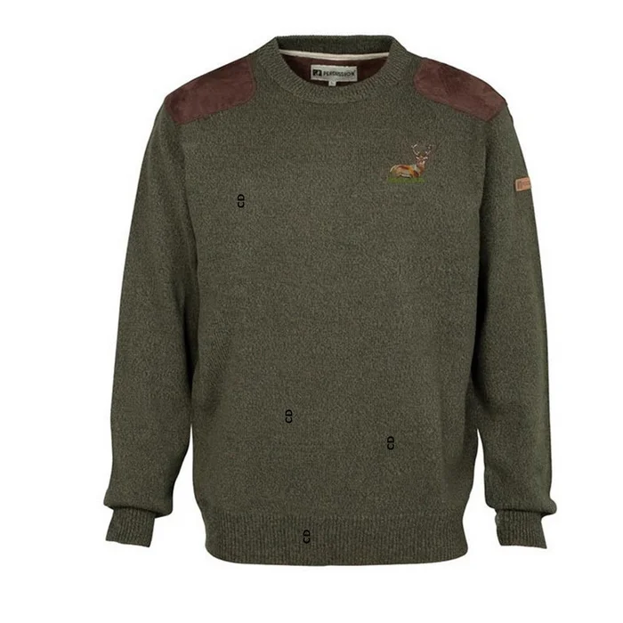 Pull Homme Percussion Col Rond Kaki Broderie Cerf