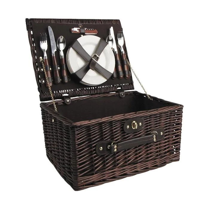 Valise Pique-Nique 4 Personnes – Porcelaine – Panier Osier Traditionnel – Praticité et Élégance en Plein Air